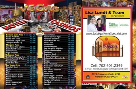 Vegas hotels and casinos directory flyer with a realtor advertisement