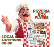 Cartoon pizzeria chef mascot beside a stack of colorful pizza boxes