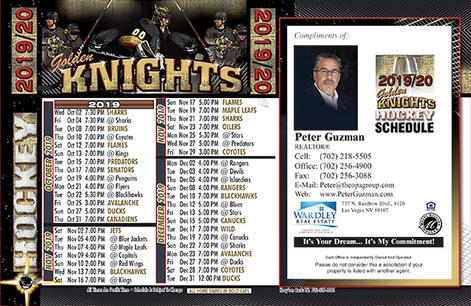 Golden Knights hockey schedule Keep'em card with a realtor advertisement