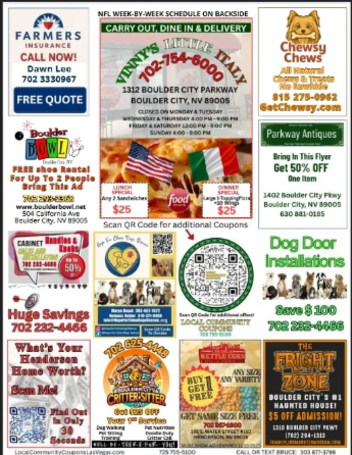 Collage of local business ads on a pizza box flyer