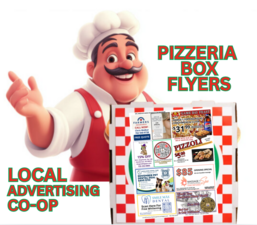 Pizzeria Box Flyers chef mascot next to a pizza box flyer collage